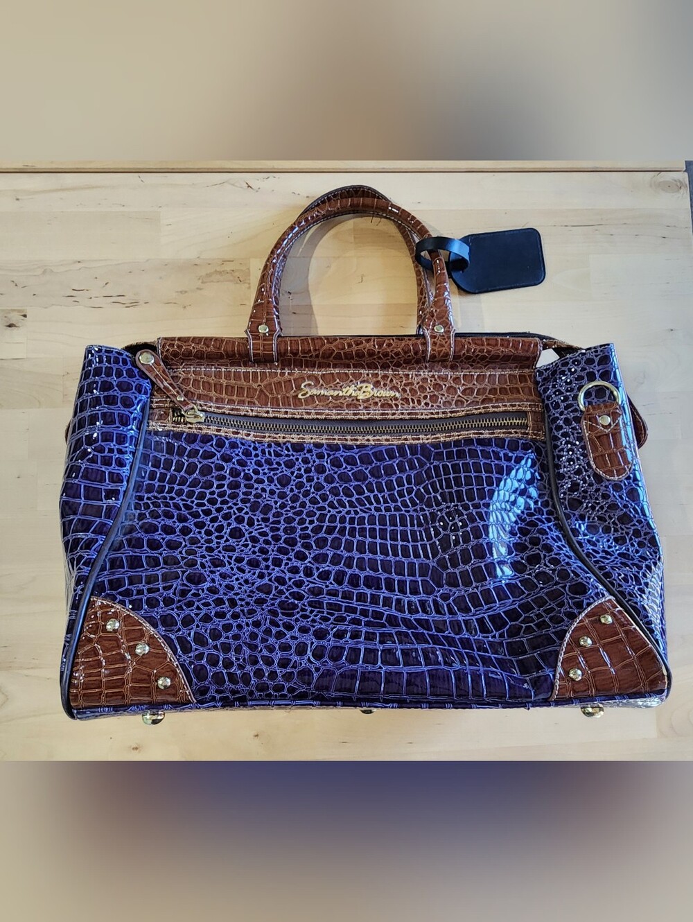 Samantha Brown | Croc-Embossed Patent Satchel / Travel Tote Bag | Purple - Picture 2 of 6
